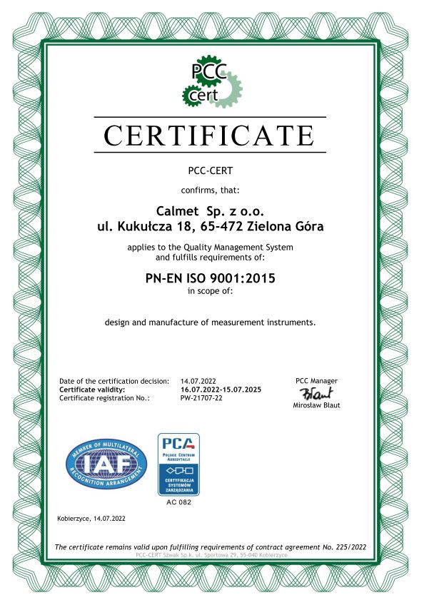 Calmet Certificate ISO 9001