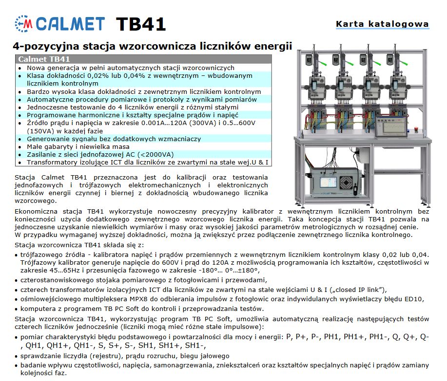 TB41 - Czteropozycyjna stacja wzorcownicza liczników energii - karta katalogowa