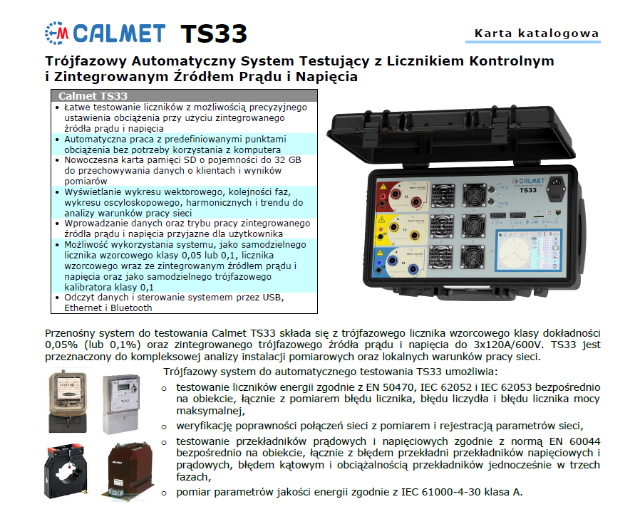 TS33 - Trójfazowy automatyczny system testujący z licznikiem kontrolnym i zintegrowanym źródłem prądu i napięcia - Karta katalogowa