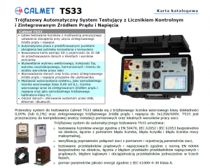 TS33 - Trójfazowy automatyczny system testujący z licznikiem kontrolnym i zintegrowanym źródłem prądu i napięcia - Karta katalogowa